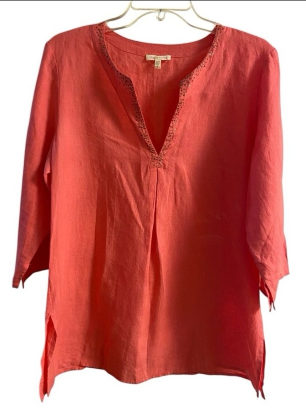 Eileen Fisher Coral Split V-Neck Tunic with sequin Trim Medium